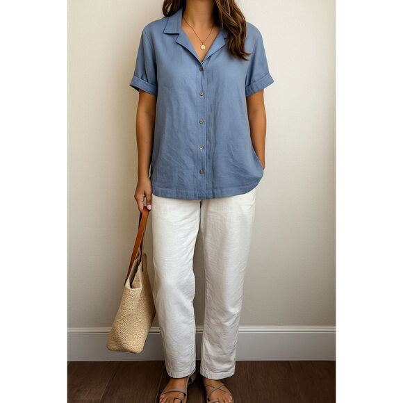 Eileen Fisher Woman 1X Light Blue 100% Linen Blouse Made in USA Relaxed Fit - Picture 1 of 8